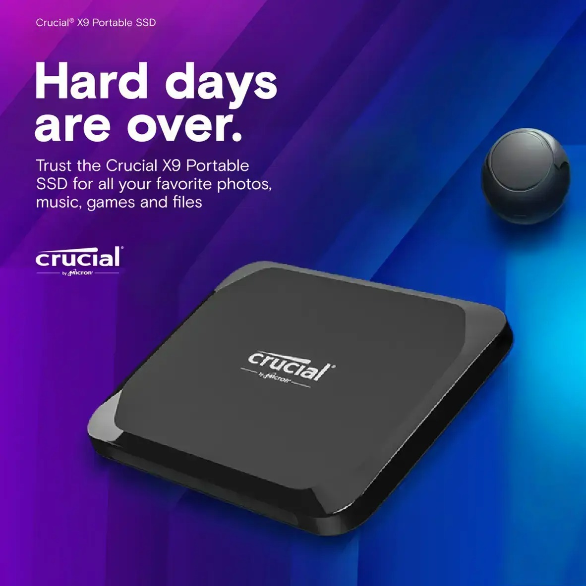 CRU-EXT-SSD-X9-1T Crucial X9 1TB Portable SSD 1050MBs USB C Crucial X9 1TB Portable SSD - Reads up to 1050MB/s - Lightweight and Small Storage for backups