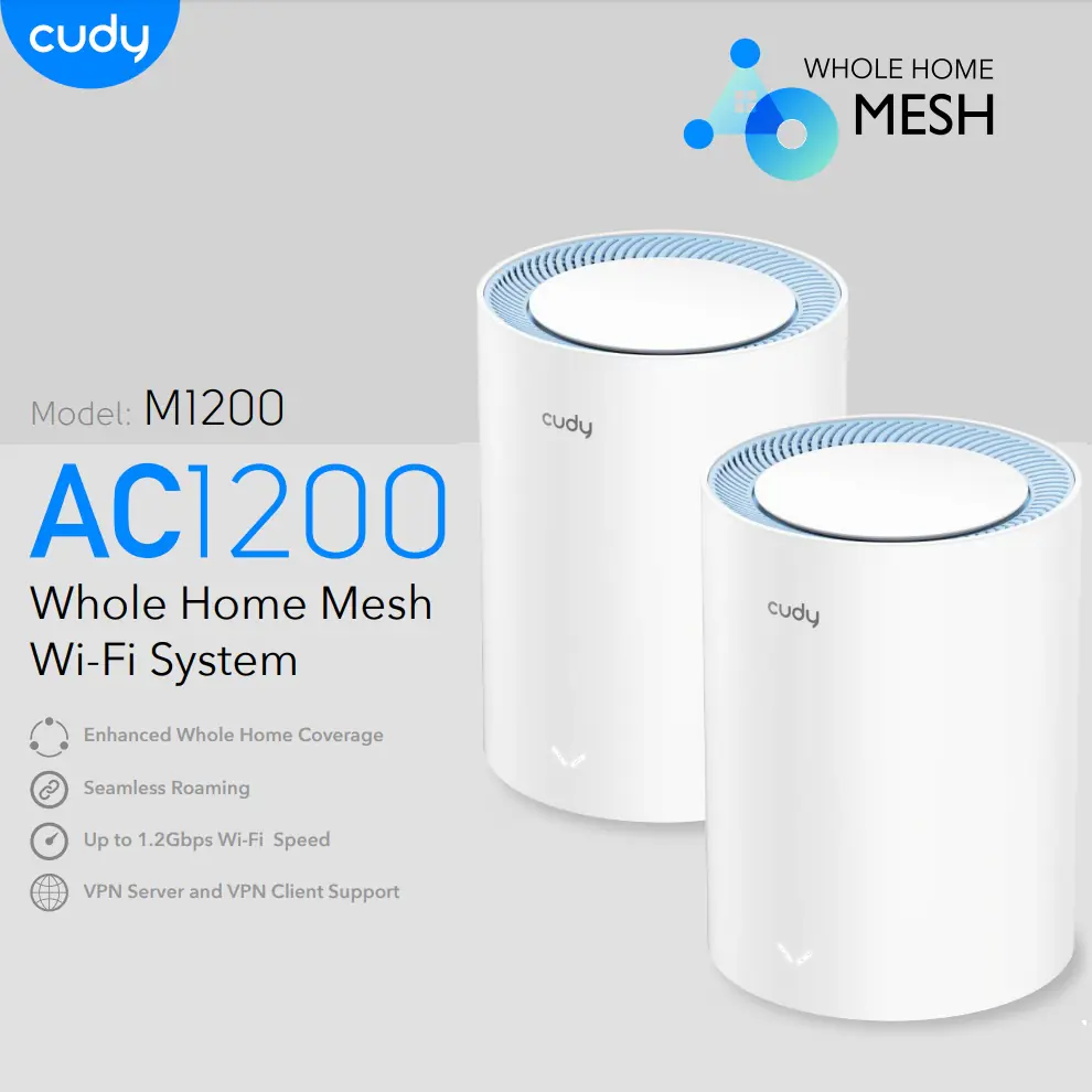 M1200(2-PACK)-EU 2-Pack AC1200 Mesh Dual-Band WiFi Router Cudy M1200 2-Pack AC1200 Whole Home Mesh 4-Stream Dual-Band WiFi Router & Range Extender;  2× Fast Ethernet Ports ; MU-MIMO