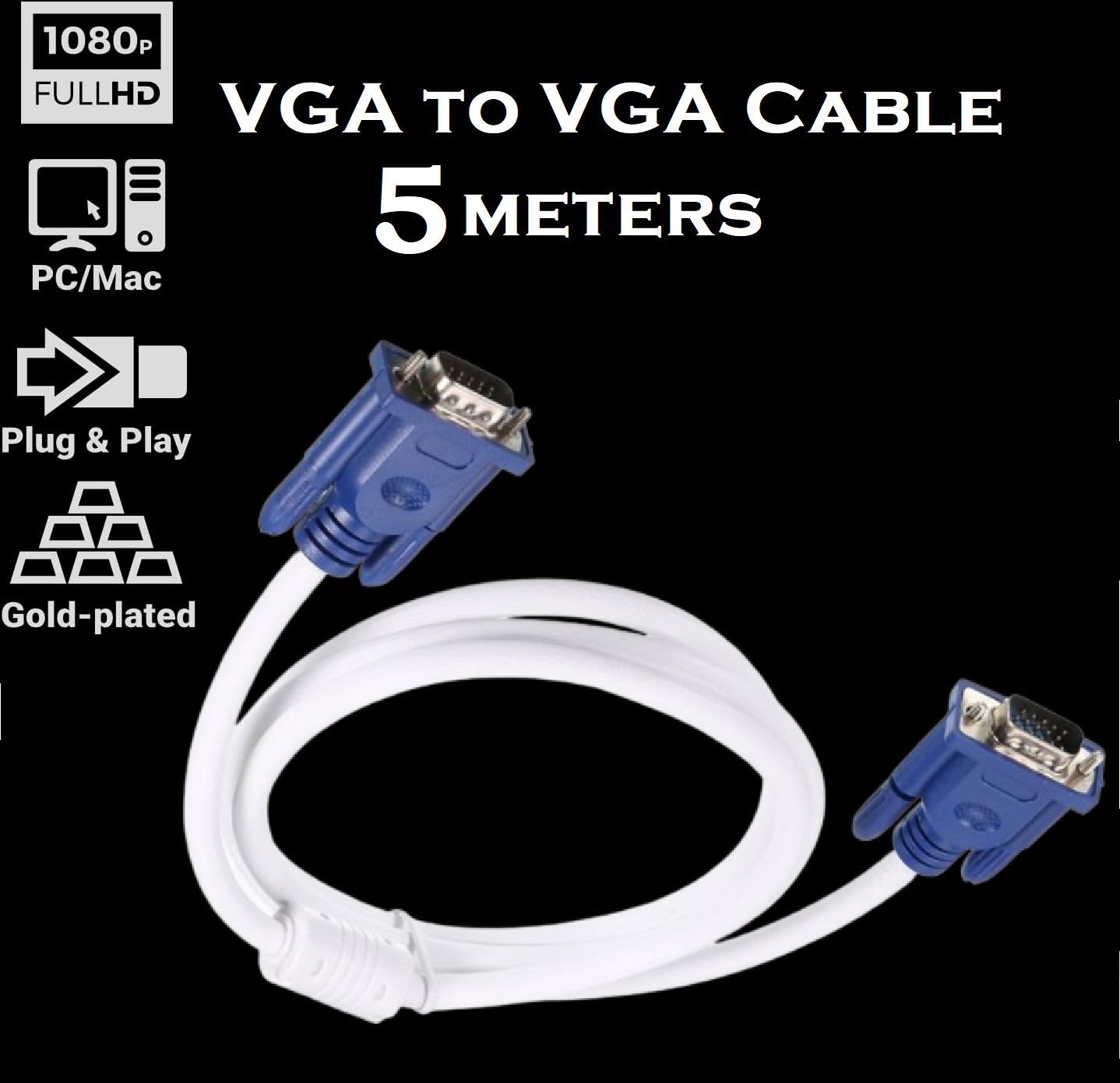 DELUXE-VGA-5M DELUXE VGA to VGA Cable 5 meters DELUXE VGA to VGA cable – 5m – high-purity copper conductors (Full HD