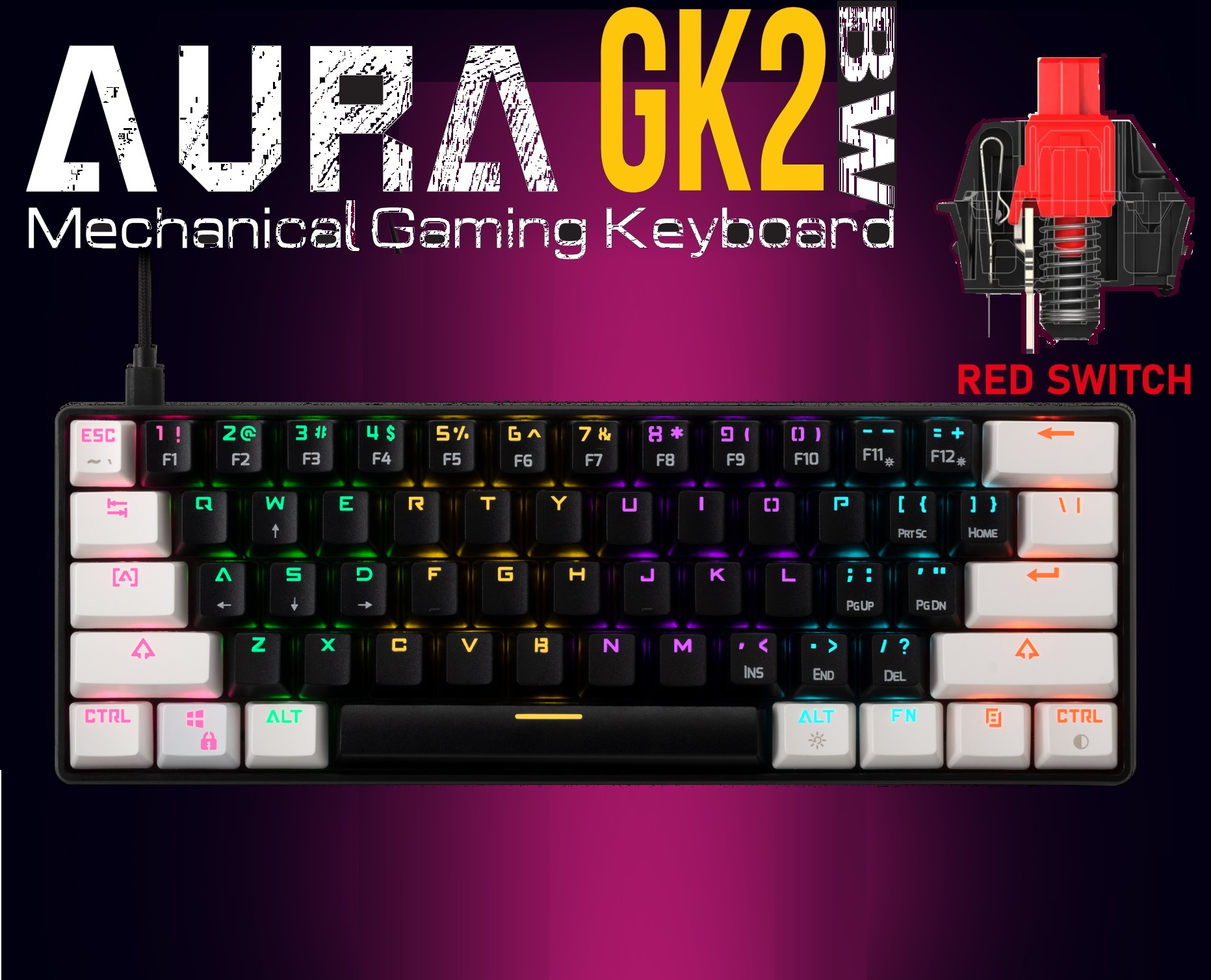 AURA-GK2-WB GAMDIAS GK2 61 Key Mechanical Red Switch GAMDIAS Aura GK2 BLACK & WHITE 60% Mechanical Gaming Keyboard Red Switches