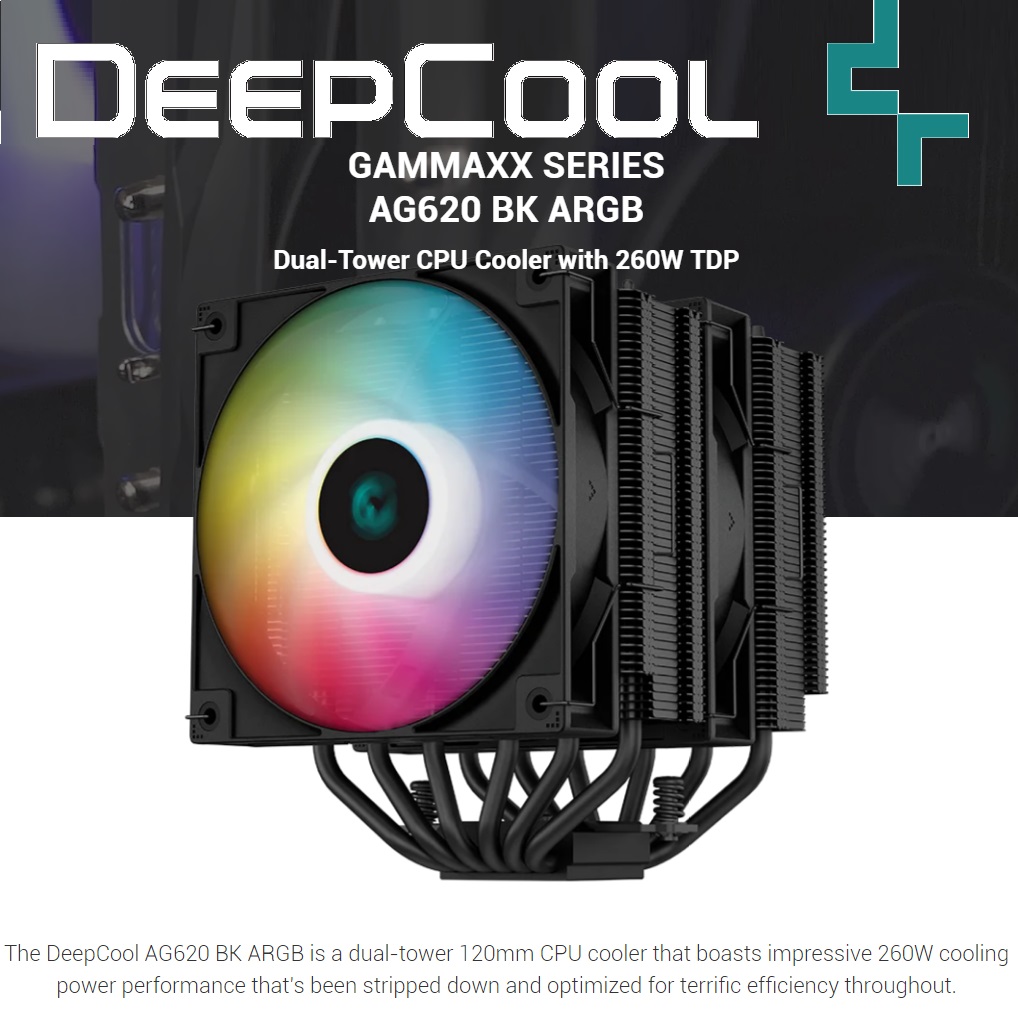 R-AG620-BKANMN-G-2  AG620 BK ARGB Dual-Tower CPU Air Cooler DeepCool AG620 BK ARGB Dual-Tower CPU Air Cooler with 260W TDP Massive Heat Dissipation