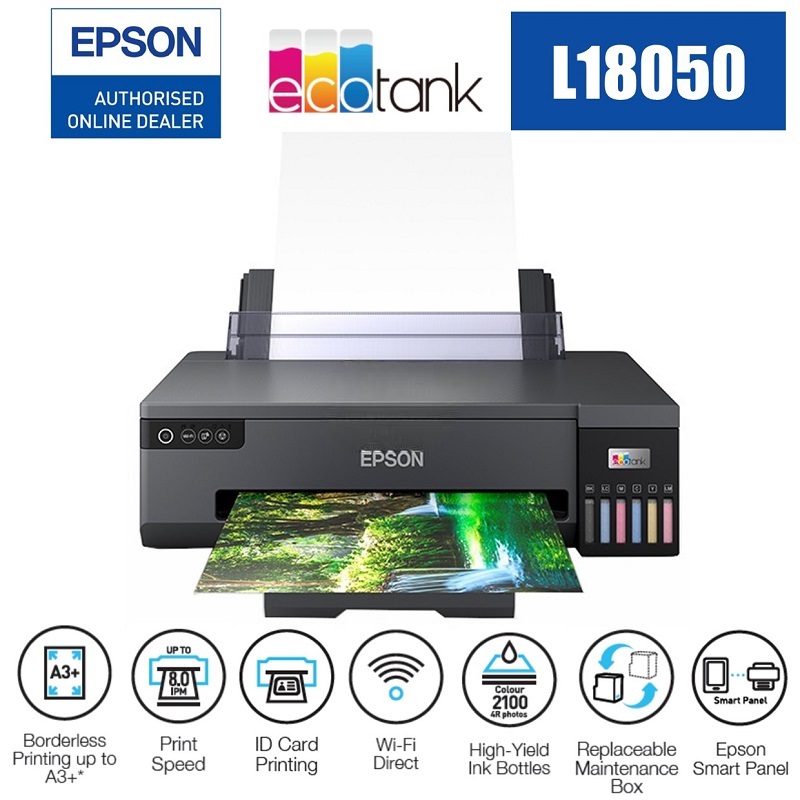 EPSON-L18050 EcoTank L18050 Ink Tank Photo Printer Epson EcoTank L18050 Ink Tank Photo Printer Borderless Printing (up to A3+) Up to 22 ppm | 6 Colour High yield ink bottles | Replaceable Maintenance Box  | USB 2.0