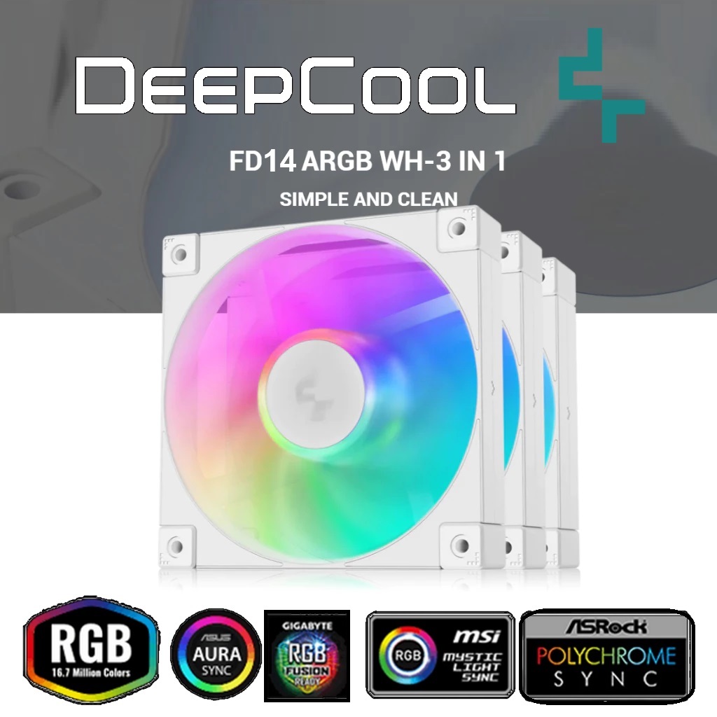 FD14-WH-3IN1 Daisy Chain 140mm PWM 4-Pin 3 ARGB WHITE Fans DeepCool FD14 WH 140mm 3x FROST WHITE ARGB Fans ; 25.2 dB(A) Noiseless ; High Performance 4-Pin PWM Fan Outfitted With 8-Pin Connection In Frame To Daisy Chain ; Corner Rubber Pads | Pack of 3 Fans