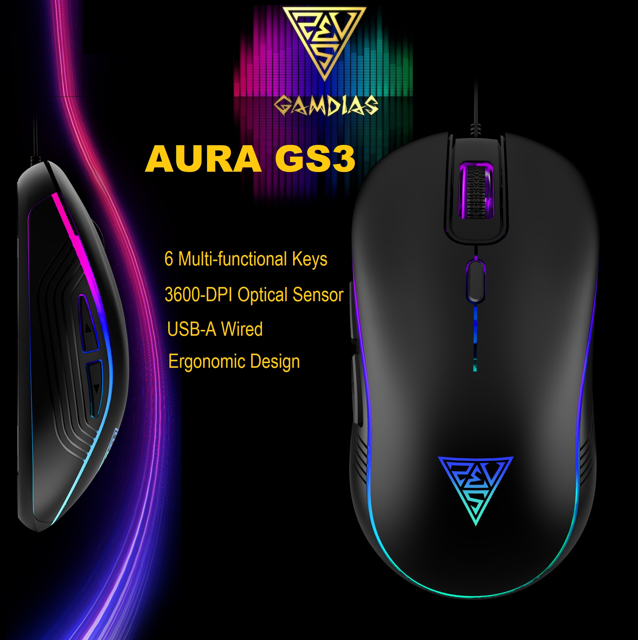 AURA-GS3-B GAMDIAS AURA GS3 RGB Wired Gaming Mouse GAMDIAS AURA GS3 RGB Wired Gaming Mouse ; 7-color Breathing RGB ; 6 Programmable Keys ; 3600 DPI Optical Sensor ; Ergonomic Design ; USB-A Wired