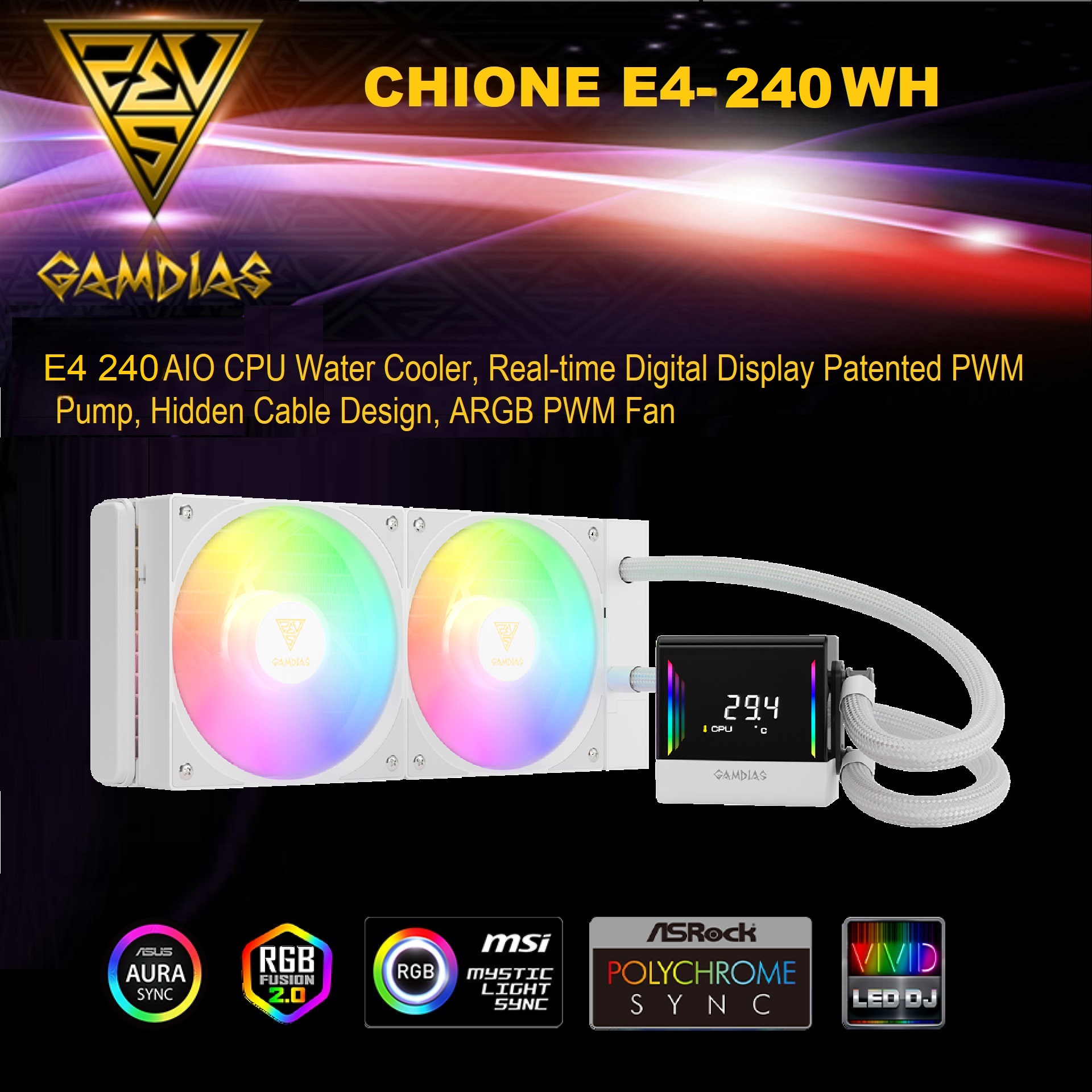 CHIONE-E4-240-W CHIONE E4 240 AIO ARGB WHITE CPU Liquid Cooler GAMDIAS CHIONE E4 240mm AIO ARGB CPU Liquid Cooler