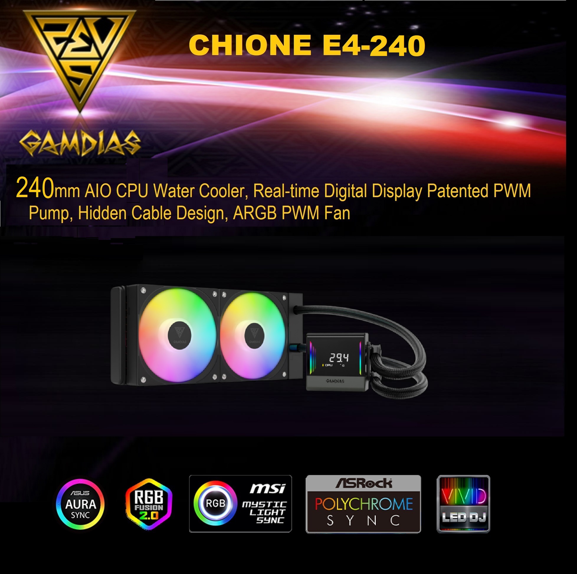 CHIONE-E4-240-B CHIONE E4 240 AIO ARGB BLACK CPU Liquid Cooler GAMDIAS CHIONE E4 240mm AIO ARGB CPU Liquid Cooler