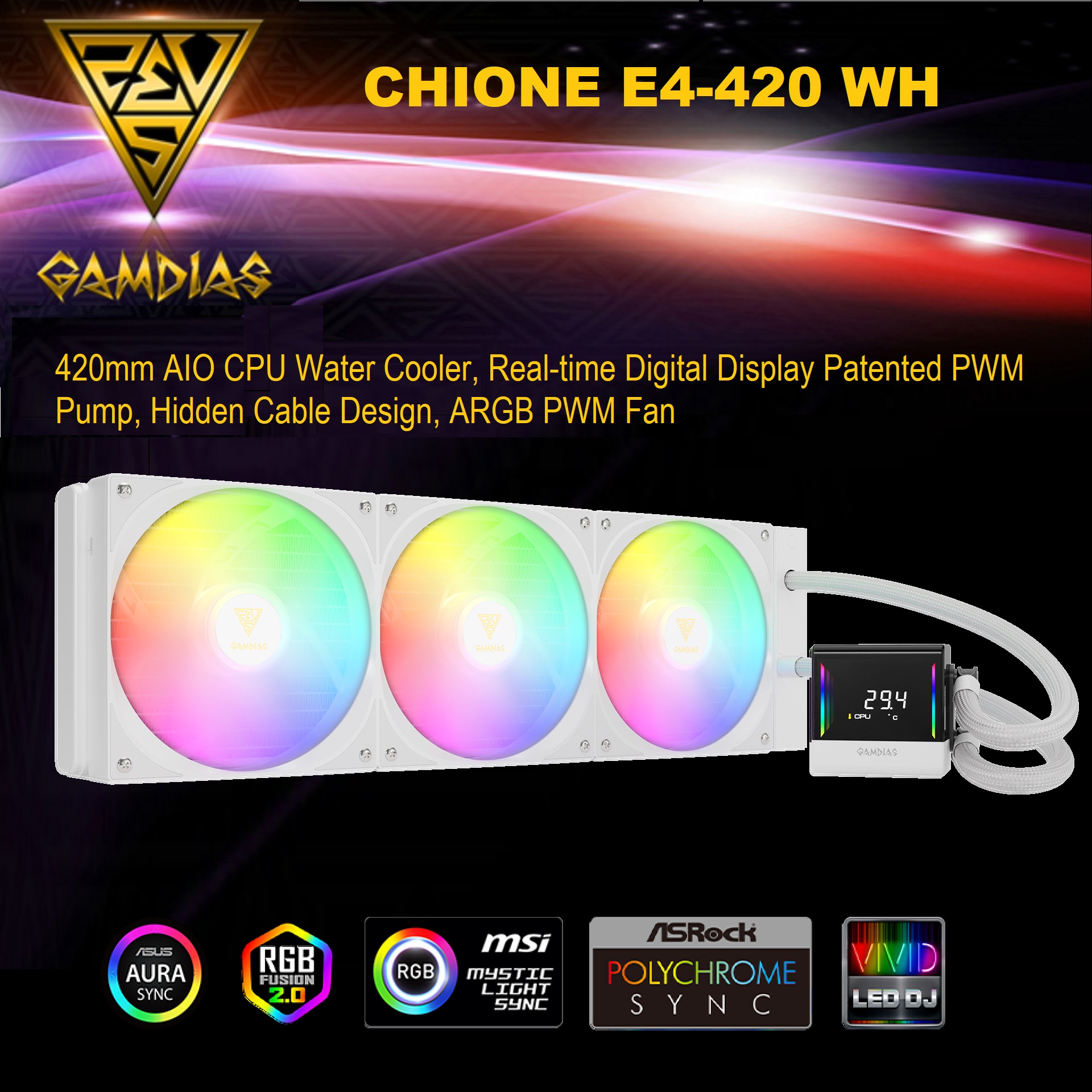 CHIONE-E4-420-W CHIONE E4 420mm ARGB WHITE CPU Water Cooler GAMDIAS CHIONE E4 420mm AIO ARGB WHITE CPU Water Cooler