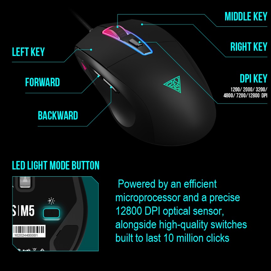 ZEUS-M5-B GAMDIAS ZEUS M5 RGB Wired Gaming Mouse GAMDIAS ZEUS M5 RGB Wired Gaming Mouse ; Adjustable up to 12800 DPI Advanced Gaming Optical Sensor ; Lightweight 99 gram ; 7 Smart Keys ; 20 million Clicks ; Software Support