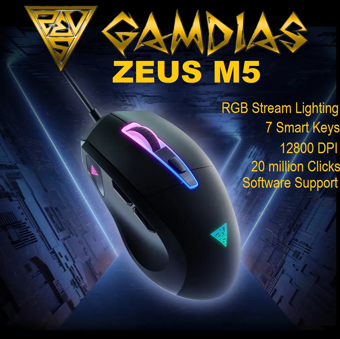 ZEUS-M5-B GAMDIAS ZEUS M5 RGB Wired Gaming Mouse GAMDIAS ZEUS M5 RGB Wired Gaming Mouse ; Adjustable up to 12800 DPI Advanced Gaming Optical Sensor ; Lightweight 99 gram ; 7 Smart Keys ; 20 million Clicks ; Software Support