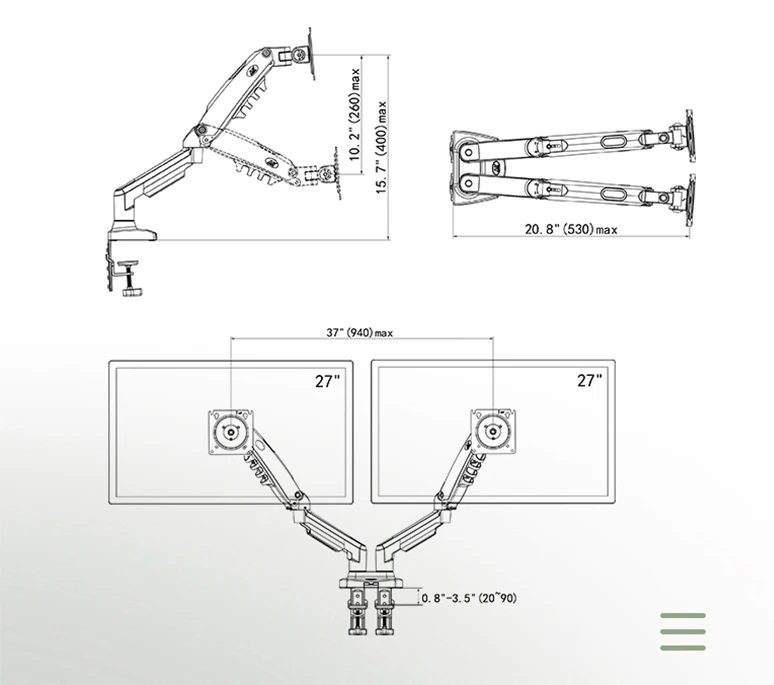 Dual Monitor Desk Mount Stand Gas Spring 360 Degree Full Rotation; Computer Monitor Arm for Two Screens 17" - 27" Inch with 2~9 Kg Load Capacity for Each Display ;  F160 Dual Monitor Mount Stand 17" 27"