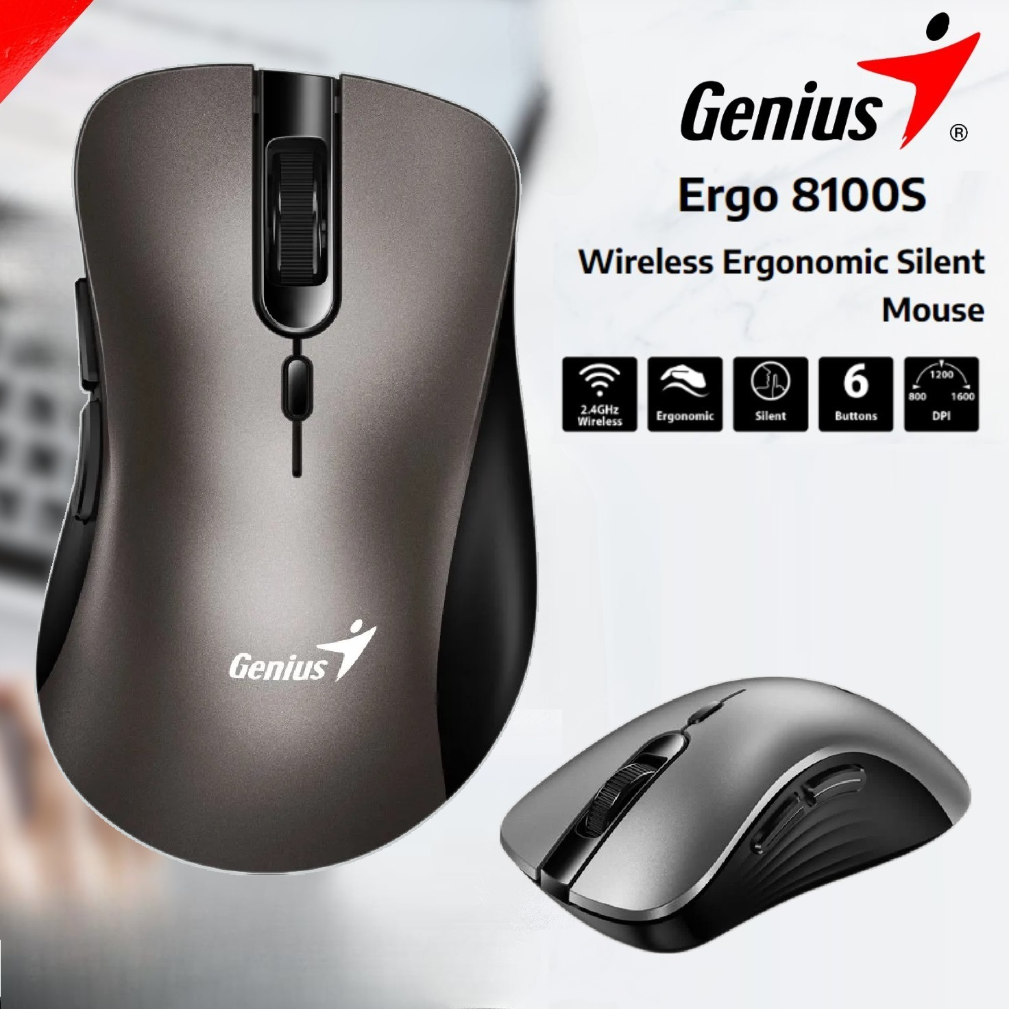 ERGO-8100S-C Wireless Ergonomic Silent Mouse Titanium Genius ERGO 8100S Wireless Silent Mouse 2.4GHz – Ergonomic Right Handed – Silent Switch –  6 Buttons – Adjustable DPI 1600 – Compatible with Windows