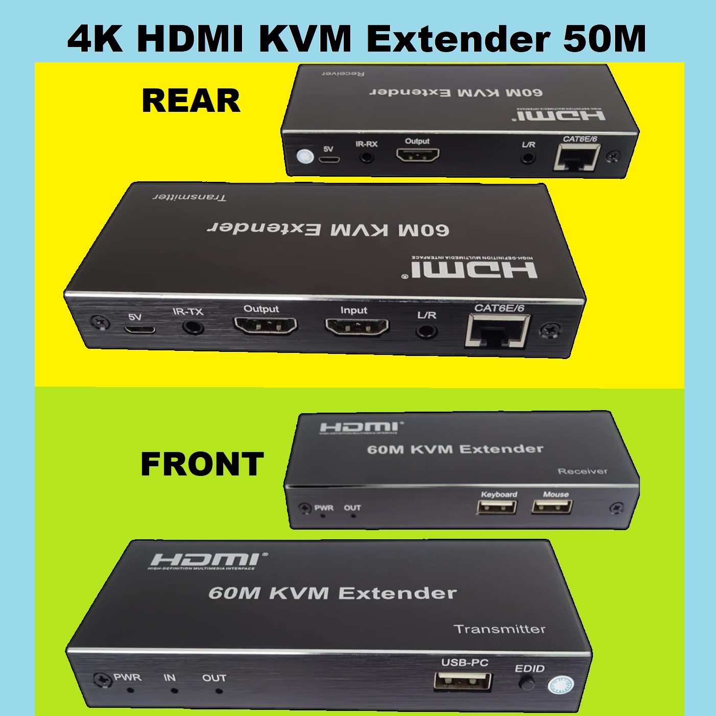 HDMI-KVM-EXT-50M-4K HDMI KVM Extender Kit Audio Output USB HDMI KVM Extender Kit " Transmitter TX & Receiver RX " Supports Audio Output and 2 x USB up to 50 meters Over Patch Cable CAT6E/6