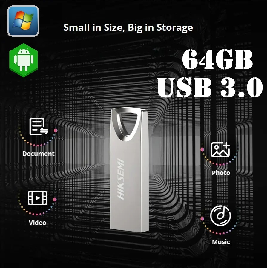 HS-USB-M200-64GB-U3 HIKSEMI USB3 FLASH DRIVE 64GB All-metal Shell HIKSEMI CLASSIC USB3.0 FLASH DRIVE 64GB  ;80MB/s Read ; 25MB/s Write ; All-metal Shell ; Support Windows/Android System ; Both USB 3.0 and USB 2.0 Compatible