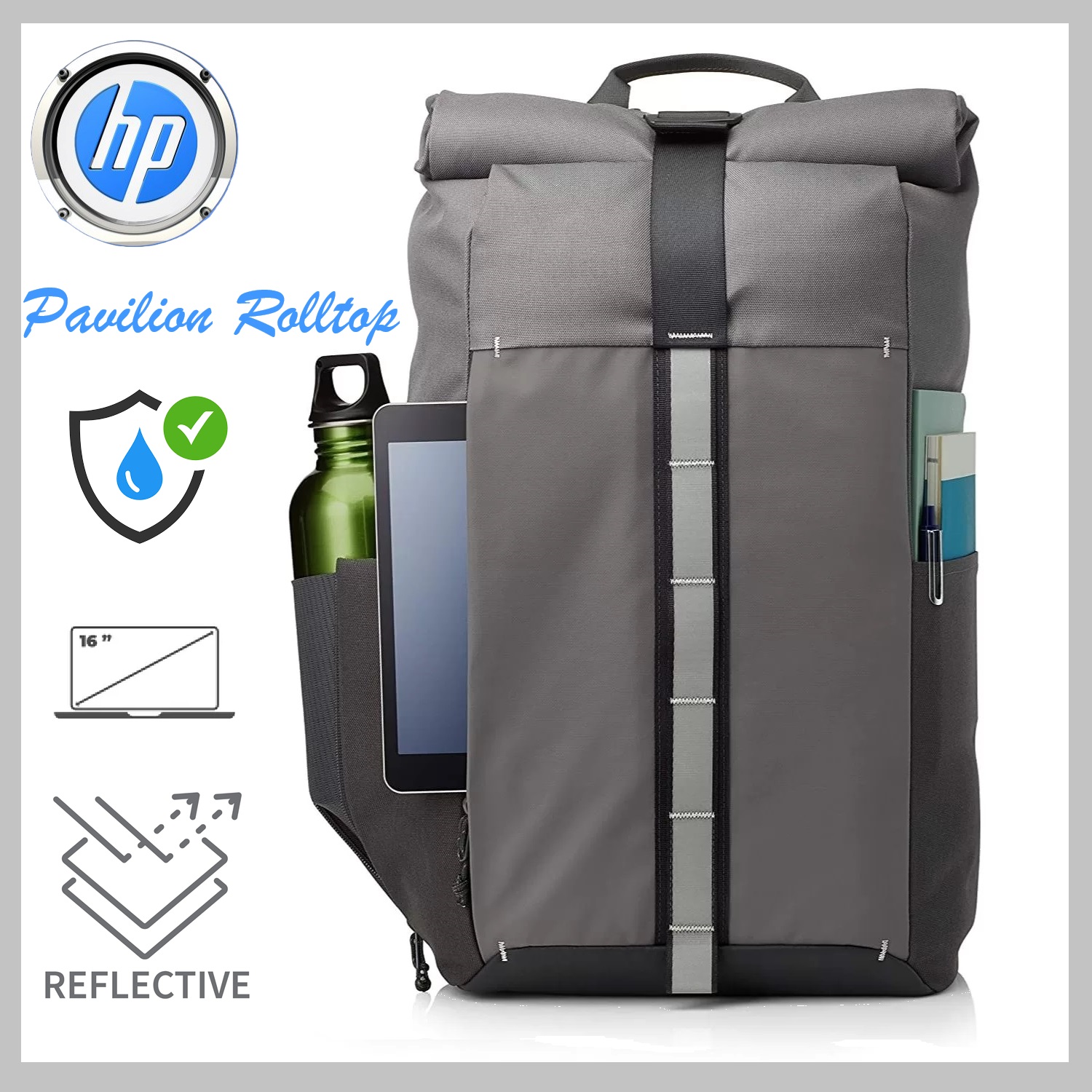 5EE90AA#ABL HP Pavilion Rolltop Grey Backpack 5EE90AA HP Pavilion Rolltop Grey Backpack ; Water-Resistant ; Padded for Electronics Protection ;  Supports up to 15.6” Laptops  ; Reflective Accents