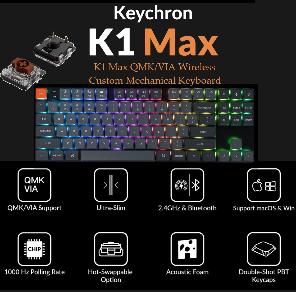 K1M-H3 Keychron K1 Max Gaming Keyboard Brown Switch Keychron K1 Max Ultra-Slim QMK/VIA Bluetooth Wireless/USB Wired Custom Mechanical Keyboard