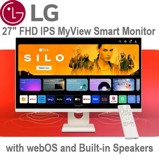 27SR50F-W 27 inch FHD IPS MyView Smart Monitor w webOS LG 27" Full HD IPS MyView Smart Monitor with webOS and Built-in Speakers ; FHD (1920 x 1080) ; ThinQ Home Dashboard & Magic Remote Support ; HDR10