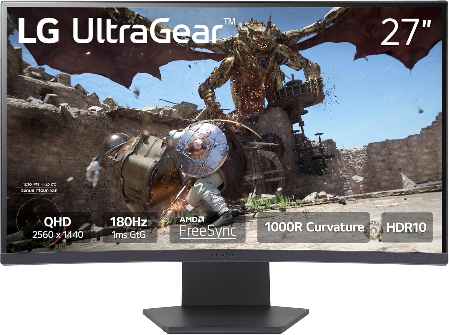 27GS60QC-B Ultragear Curved Gaming Monitor 27-Inch QHD LG 27GS60QC-B Ultragear Curved Gaming Monitor 27-Inch QHD (2560x1440) 180Hz 1ms 1000R AMD FreeSync HDR10 HDMIx2 DisplayPort Borderless Design Black Stabilizer DAS Crosshair FPS Counter - Black