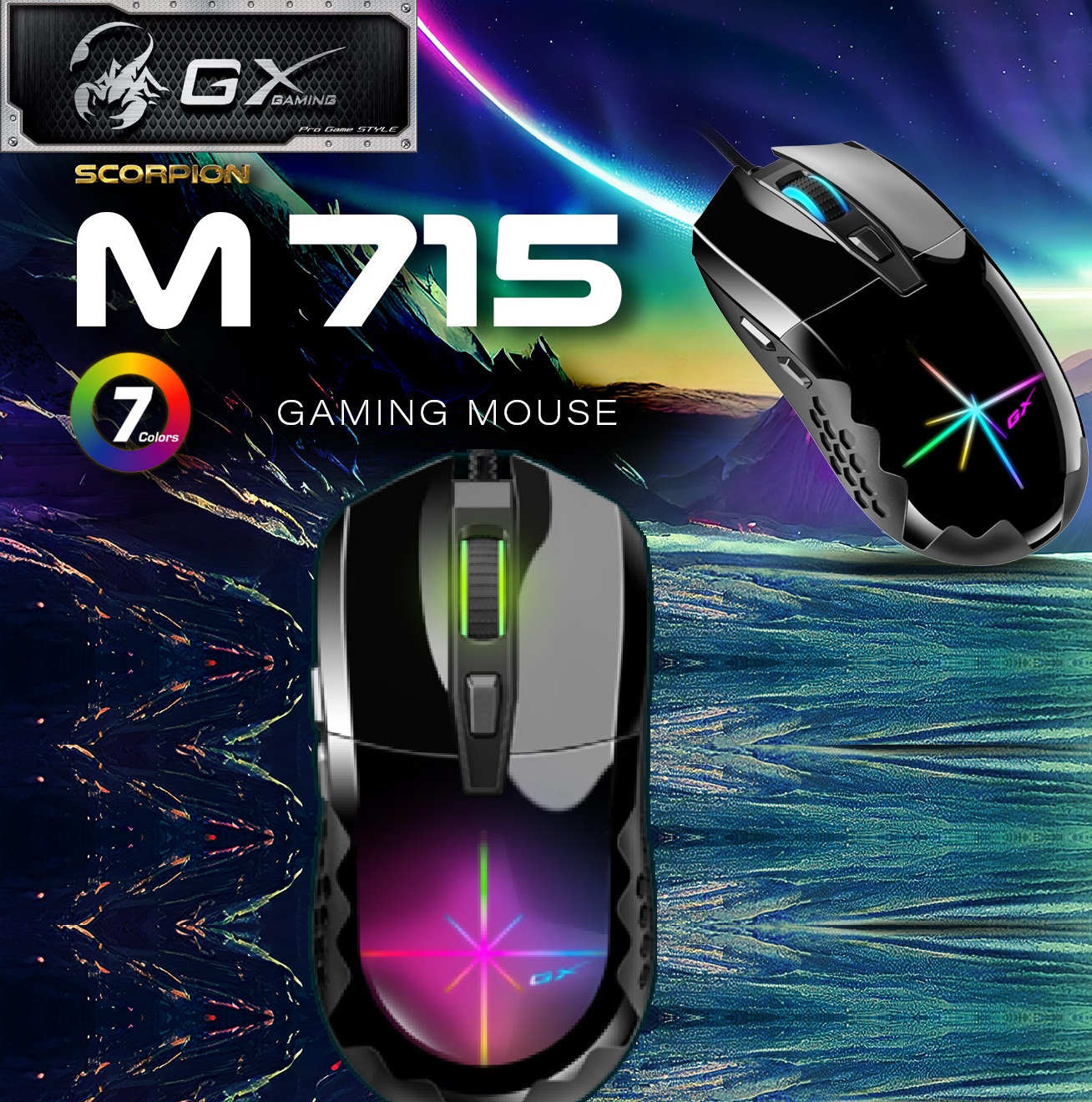 SCORPION-M715 GX Scorpion M715 RGB Gaming Mouse GX Scorpion M715 RGB Gaming Mouse - Colorful Breathing 3D RGB - USB Wired 1.8 m Braided Cable - 6 Programmable Buttons - Instant DPI Switching 800