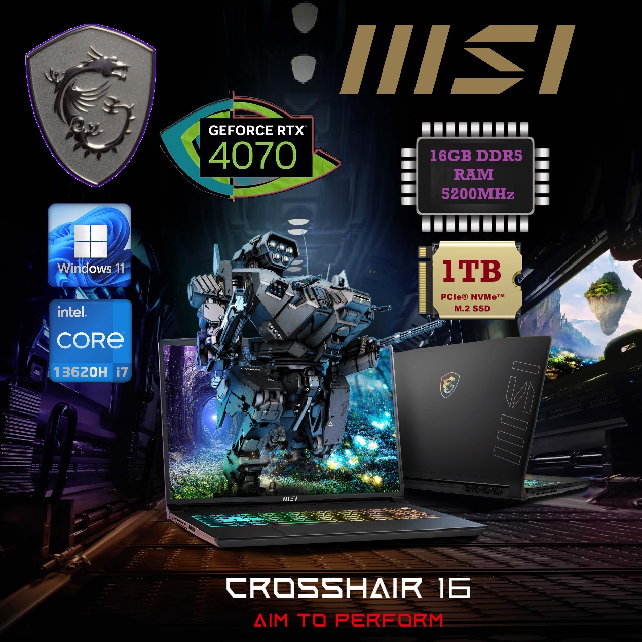 9S7-158551-815-OB MSI Crosshair 16 i7-13620H RTX 4070 16GB RAM MSI Crosshair 16 A13VGK-815US Intel® Core™ i7-13620H | 16GB DDR5 Ram ; 1TB NVMe SSD | RTX™ 4070