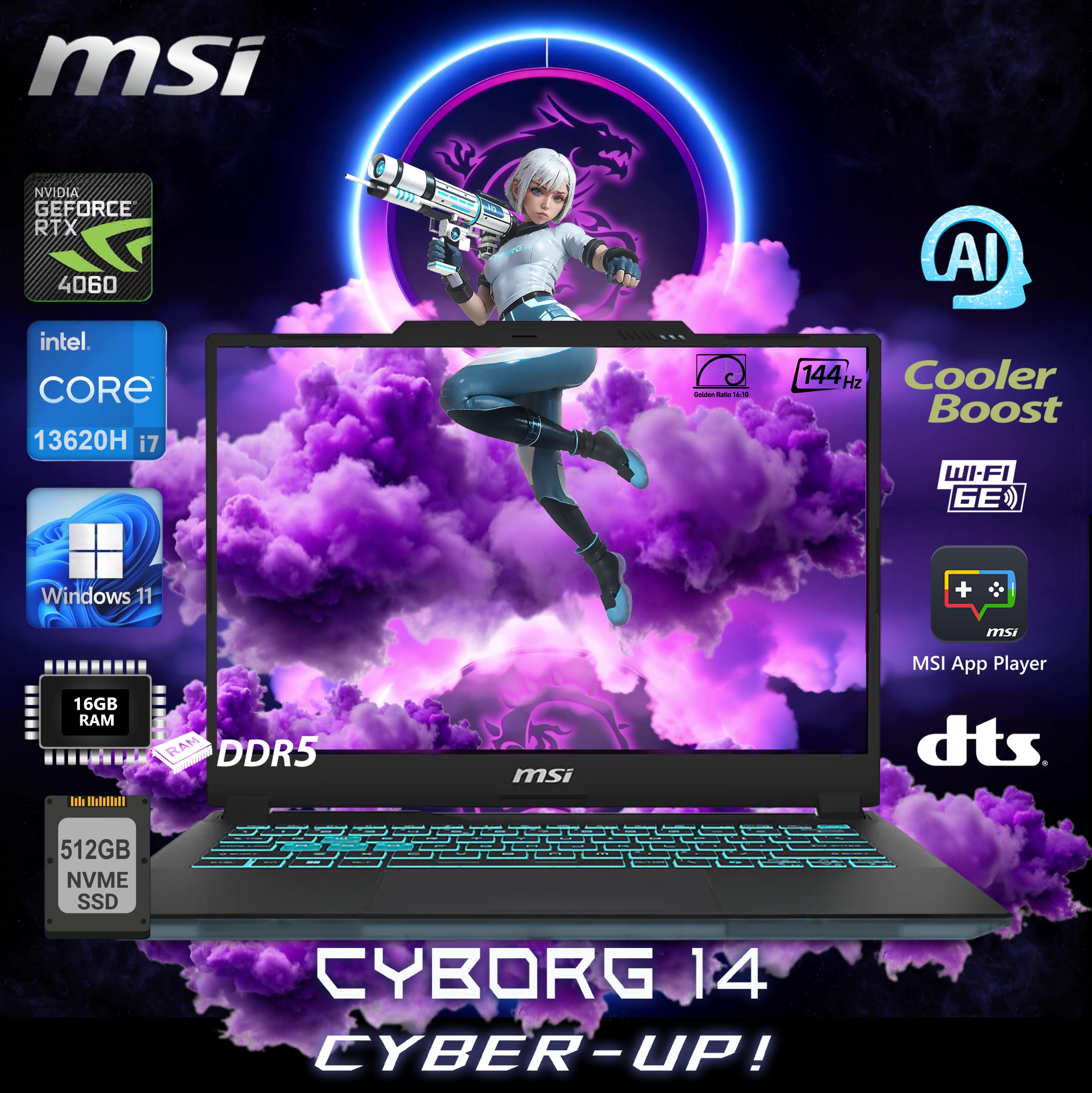 9S7-14P111-018 MSI Cyborg 14 i7-13620H RTX 4060 14 inch IPS MSI Cyborg 14 A13VF Intel® Core™ i7-13620H | 16GB DDR5 RAM ; 512GB NVMe SSD | RTX™ 4060