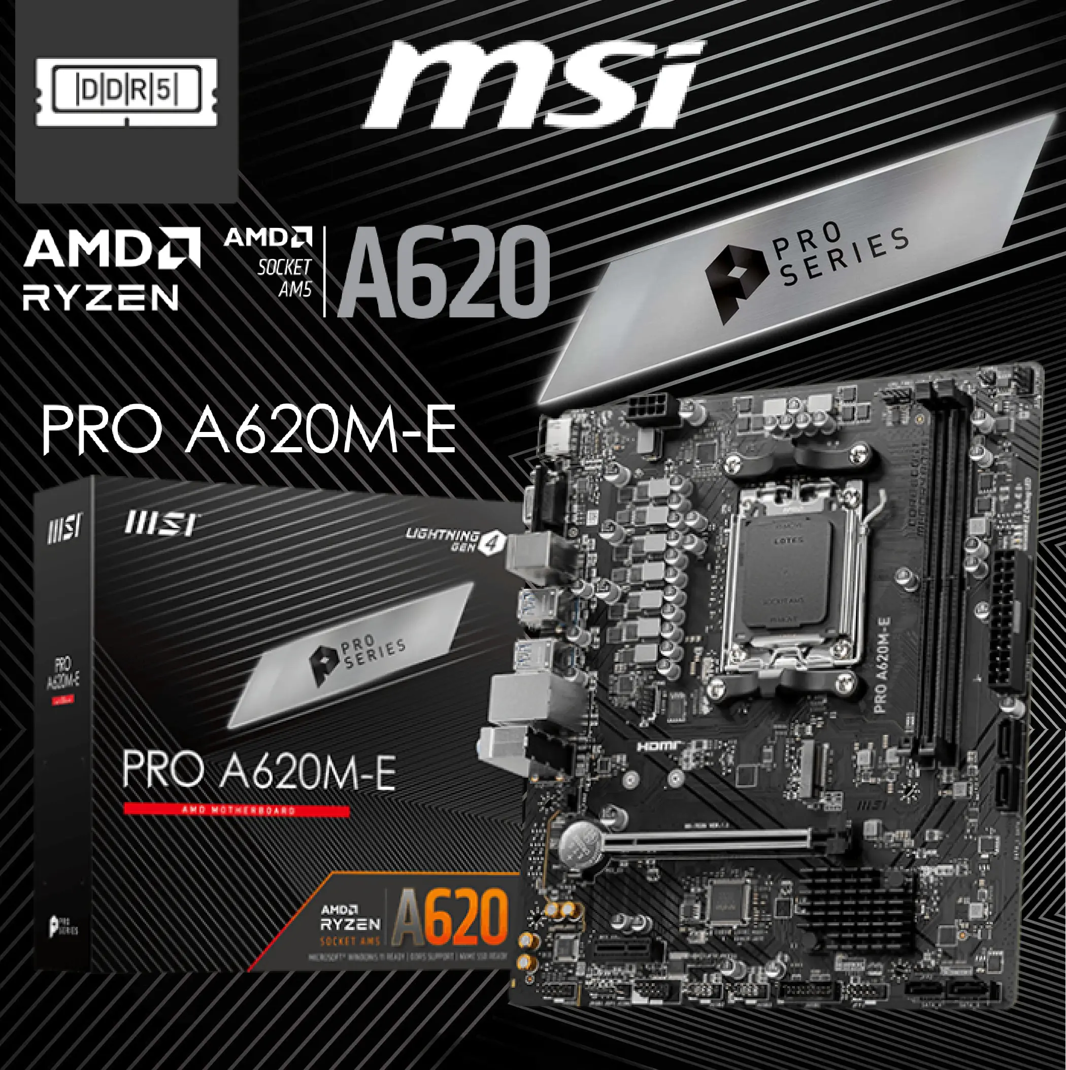 911-7E28-009 MSI PRO A620M-E AM5 AMD DDR5 mATX Motherboard MSI PRO A620M-E AM5 AMD A620 SATA 6Gb/s DDR5 mATX Motherboard AMD Ryzen™ 7000 Series Desktop Processors