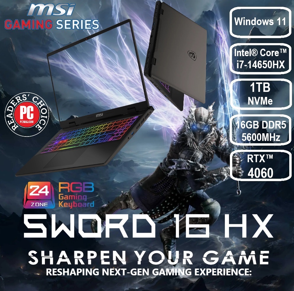 9S7-15P214-202 MSI SWORD 16 HX i7-14650HX RTX 4060 16GB DDR5 MSI SWORD 16 HX B14VFKG-202US Intel® Core™ i7-14650HX