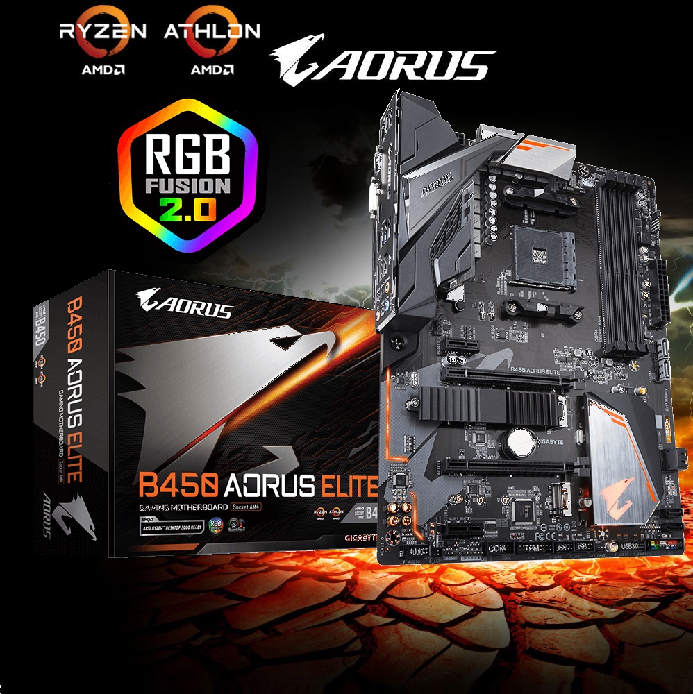 GIG-B450-AORU-EL Motherboard GIGABYTE B450 AORUS ELITE AM4 AMD GIGABYTE B450 AORUS ELITE AM4 AMD B450 SATA 6Gb/s USB 3.1 HDMI ATX AMD Motherboard  - Supports AMD Ryzen with Radeon Vega Graphics processors + 3rd Gen Ryzen™/ 2nd Gen Ryzen™/ 1st Gen Ryzen -  Dual M.2 with One Thermal Guard