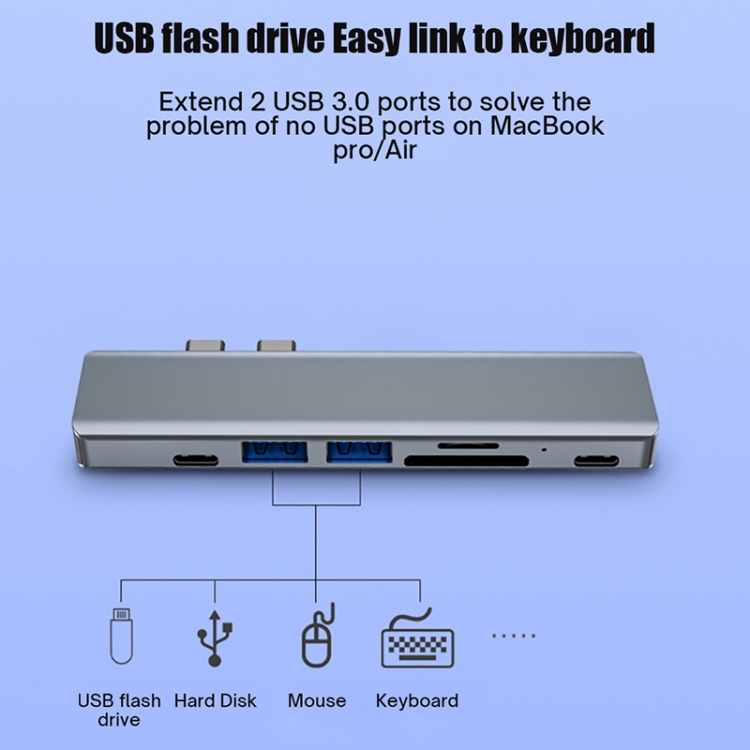 CONVERTER 7 IN 1 DUAL TYPE-C TO PD ; USB3.0 ; USB2.0 ; HDMI ; USB-C ; SD ; TF ; PD Hub Adapter / Dual Type C Aluminum USB Hub For Macbook