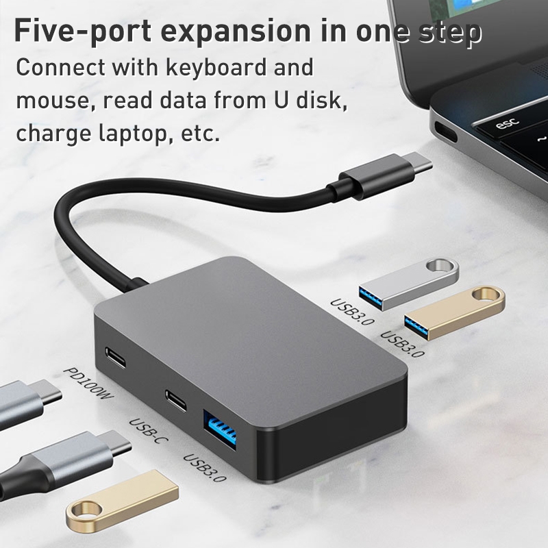 5 in 1 USB-C / Type-C to USB3.0 & Type-C Multifunctional Docking Station HUB Adapter - High Speed Transmission - (Dark Grey) BYL-2316 - CHARGING & USB HUB