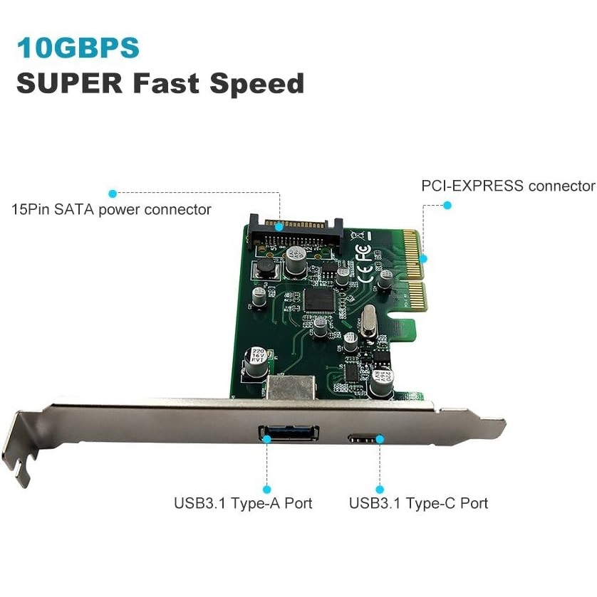 SPB302 PCI Express Expansion Card Type A and Type C PCI-E to USB3.1 (Type A + Type C) PCI Express Expansion Card USB3.1 Hub Controller Adapter Superspeed 10Gbps Internal 15Pin Power Connector with Asmedia Chipset ASM1142