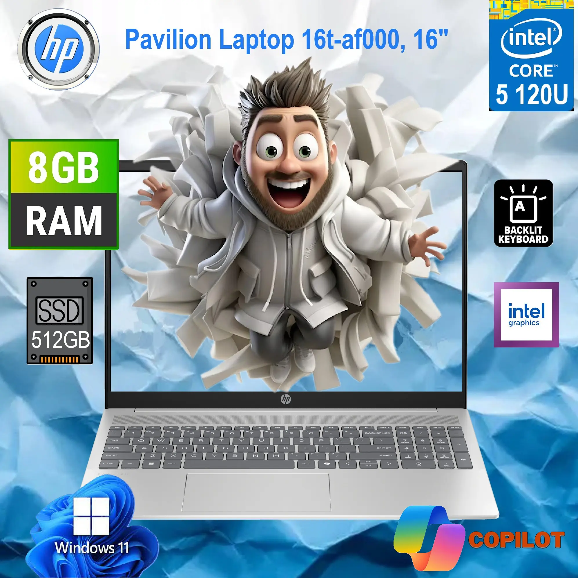 954R4AV Pavilion Core 5 120U 8GB DDR5 RAM Windows 11 HP Pavilion Laptop 16t-af000 Intel® Core™ 5 120U