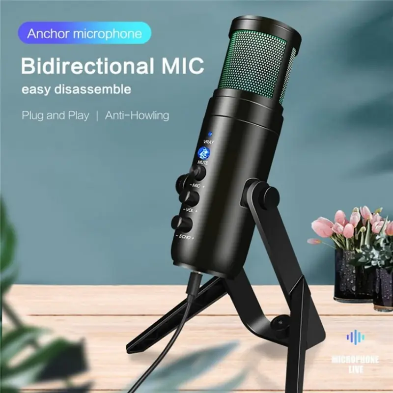 PRO-MIC-RGB-TRIPOD RGB Condenser USB Microphone with Stand Desktop RGB Microphone USB Condenser Microphone with Stand