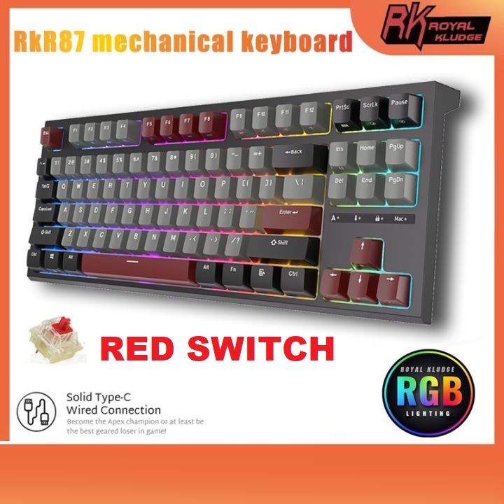 RK ROYAL KLUDGE R87 Wired Mechanical Keyboard RED Switch Tenkeyless TKL 87 Key RGB Backlit Hot-swappable Gamer Keyboard Customized Keycaps with Dust Cover - Black Wired Mechanical Keyboard Red Switch Tenkeyless