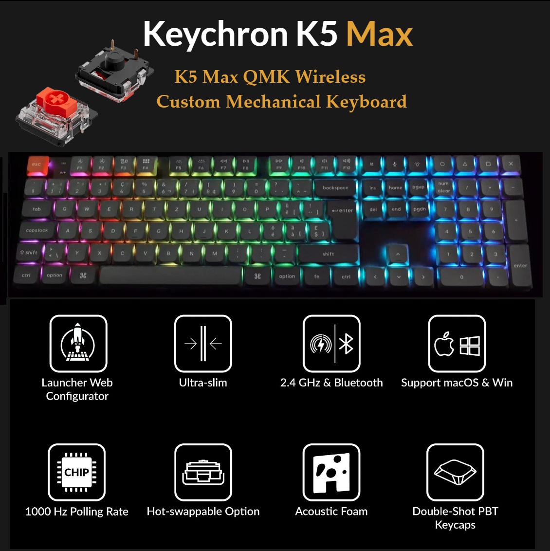 K5M-H1 K5 Max Mechanical Keyboard Gateron Red Switch Keychron K5 Max Gaming Mechanical Keyboard