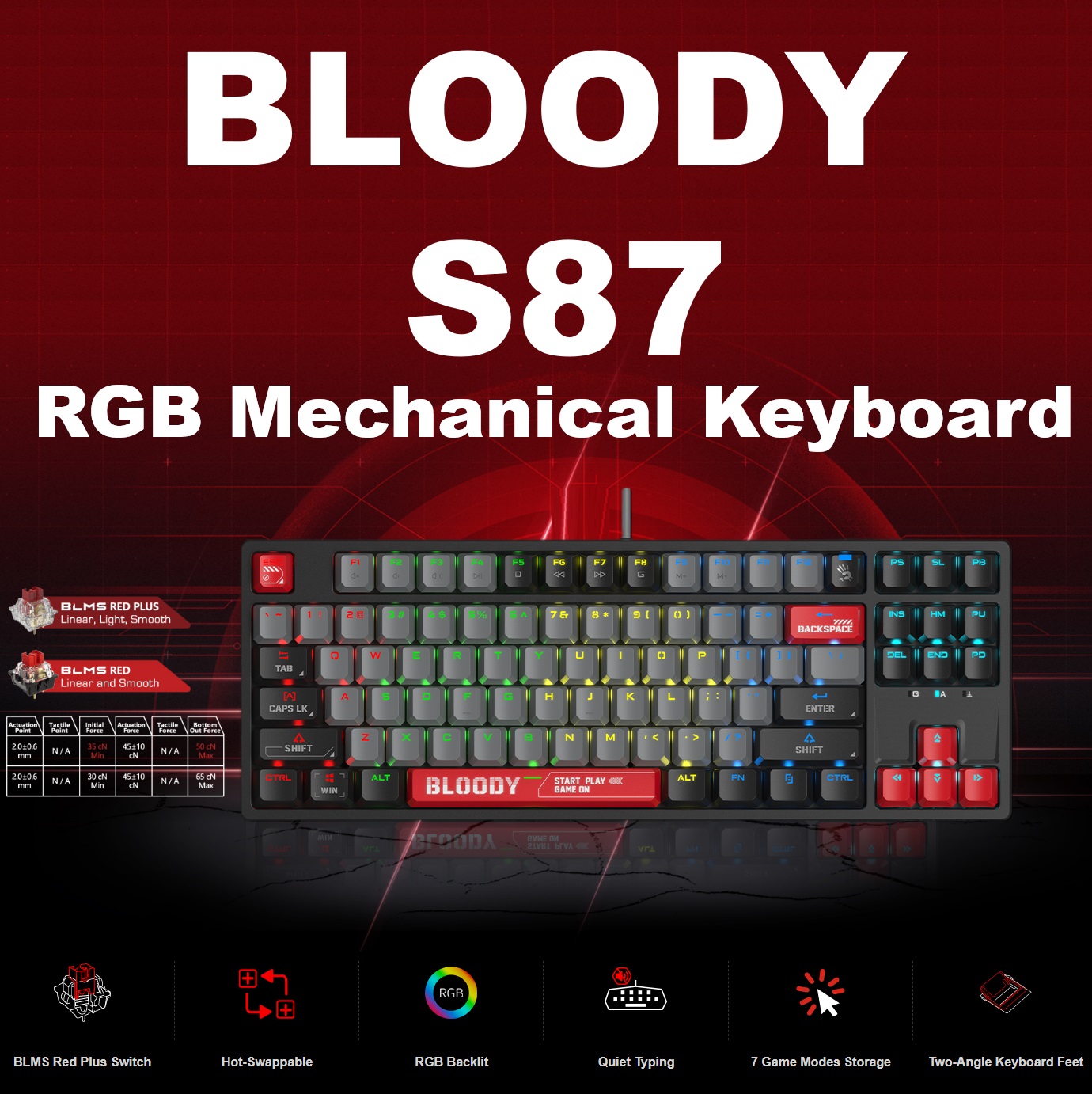 BLOODY-S87 BLOODY S87 RGB Mechanical Keyboard Red Switch BLOODY S87 RGB Mechanical Keyboard with BLMS Quiet Red Plus Switch ; 1 ms Key Response ; Hot-Swappable  ; 87-Key Style Keyboard ; 7 Game Modes Storage ; 4M Onboard Memory  ; N-Key Rollover  ; 1.8 meters USB Cable .