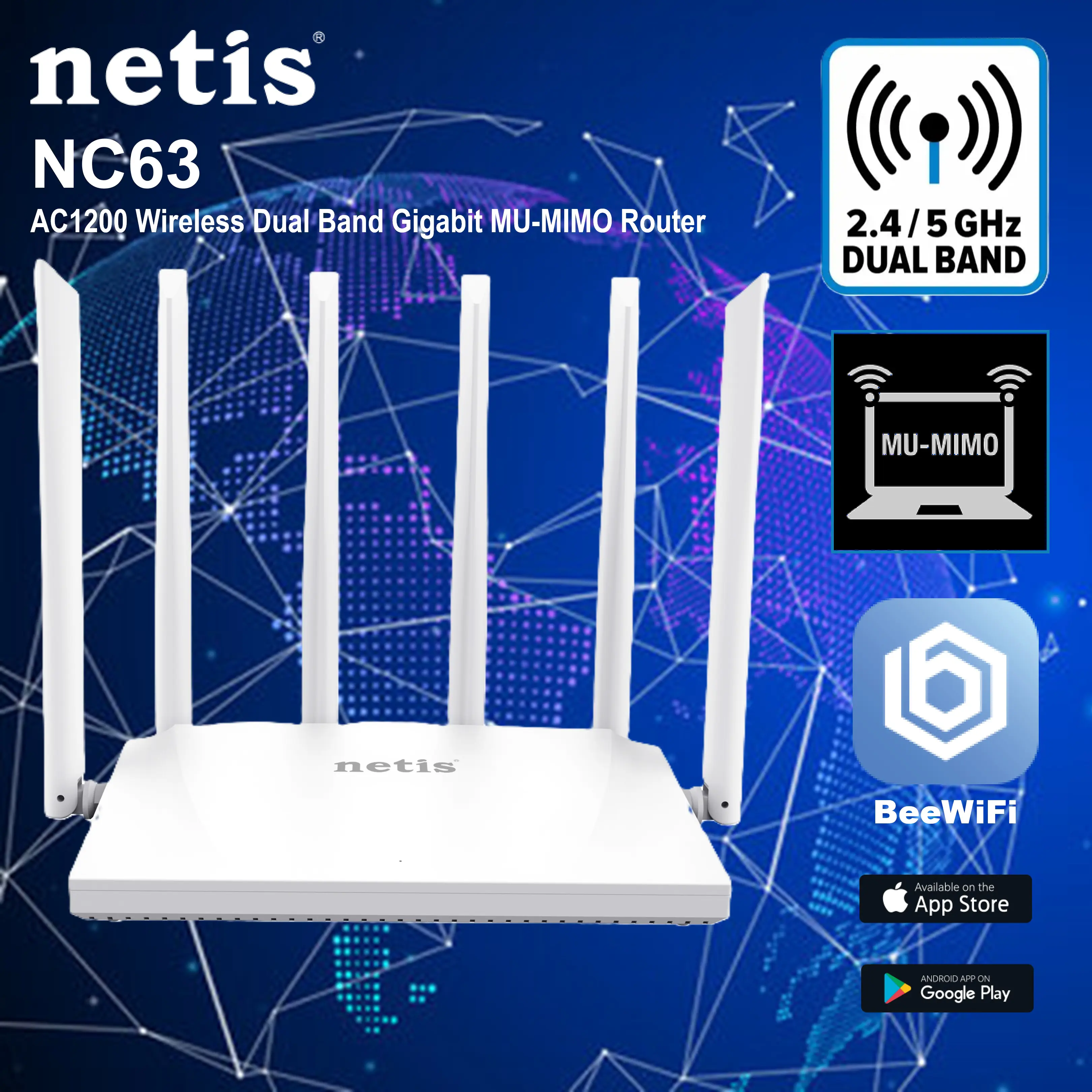 NETIS-NC63 AC1200 Wireless Dual Band Gigabit Router Netis AC1200 Wireless Dual Band Gigabit MU-MIMO Router NC63