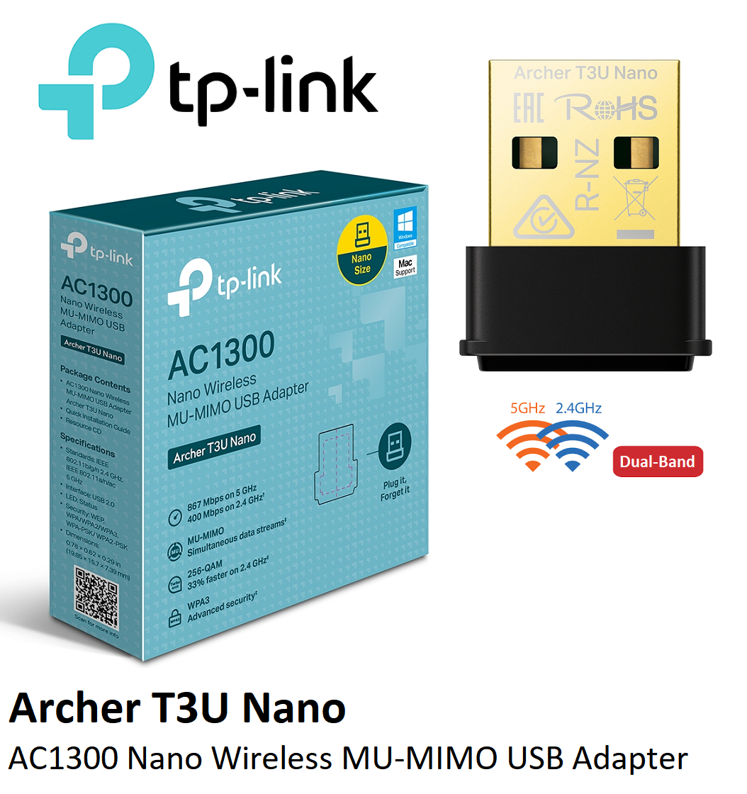 Archer T3U Nano USB WiFi Adapter AC1300 TP-Link Archer T3U Nano USB WiFi Adapter for PC AC1300 2.4G/5G Dual-Band Wireless Network Transceiver Adapter for Desktop PC