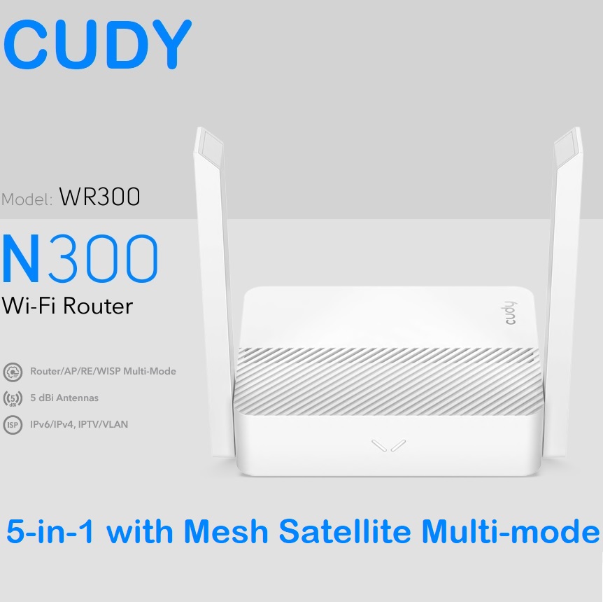 WR300-EU WR300 300 Mbps N300 Multi-Mode Wi-Fi Router CUDY WiFi Router WR300 300 Mbps N300 Multi-Mode Wi-Fi Router with 4 Fast Ethernet Ports - Connect up to 30 Devices Wirelessly - Cudy App - Covers 90 m² - Router/AP/RE/WISP/Client/Mesh Modes - VPN Client of WireGuard