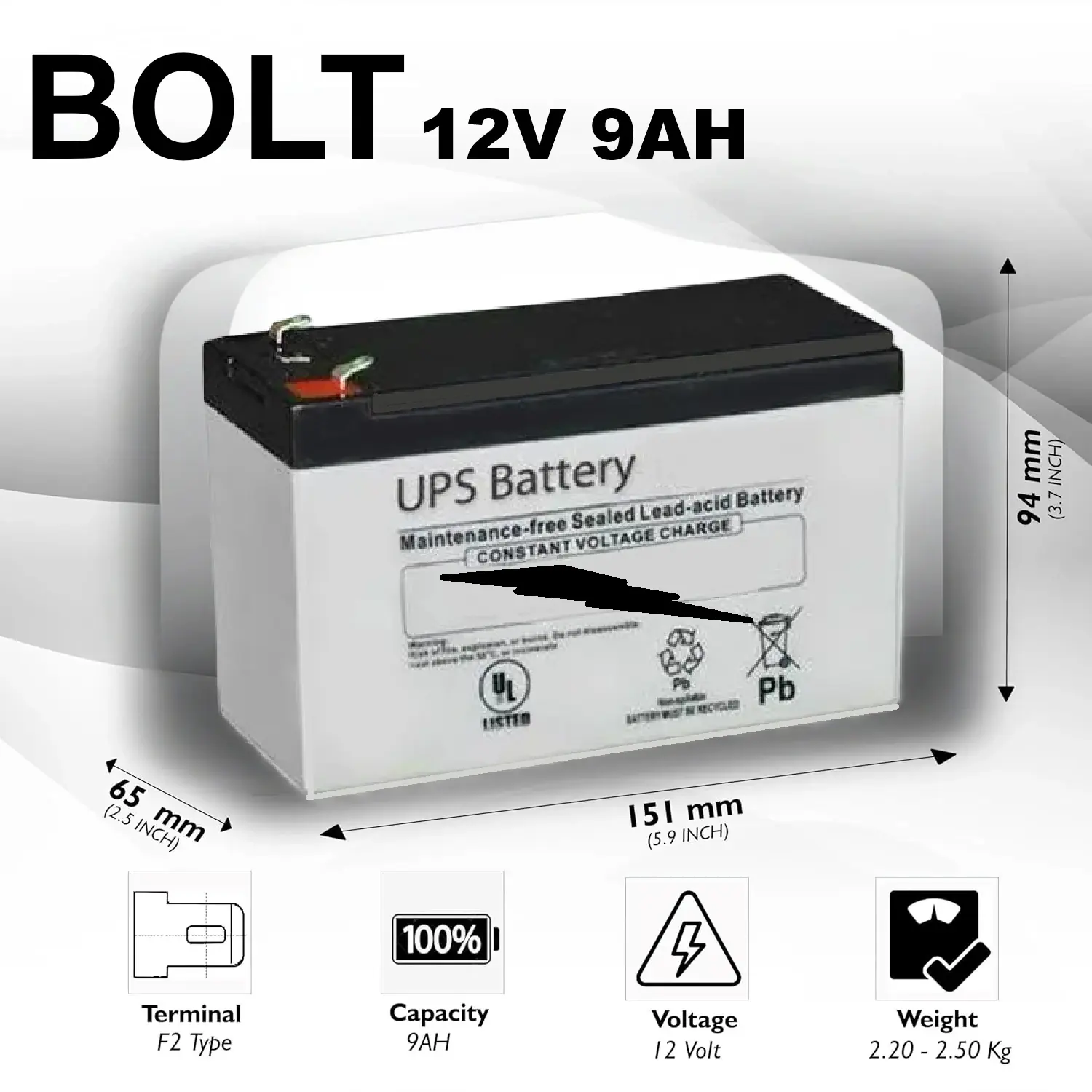 UPS-BATTERY-BOLT-9A BOLT UPS Battery 12V 9AH SLA Rechargeable Replacement Battery with T2 Terminal for UPS Back Up  