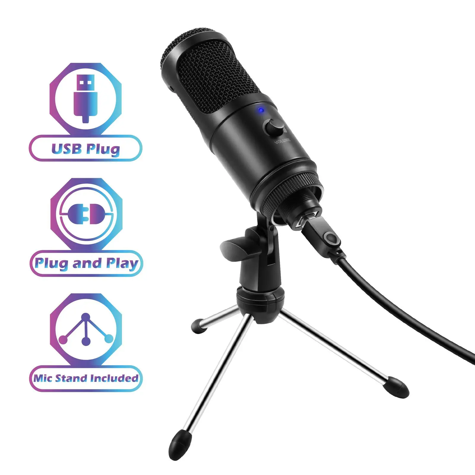 PRO-MIC-A6-TRIPOD USB Condenser Microphone with Tripod Stand USB Condenser Microphone with LED Indicator Light and Tripod Stand for Sound Recording