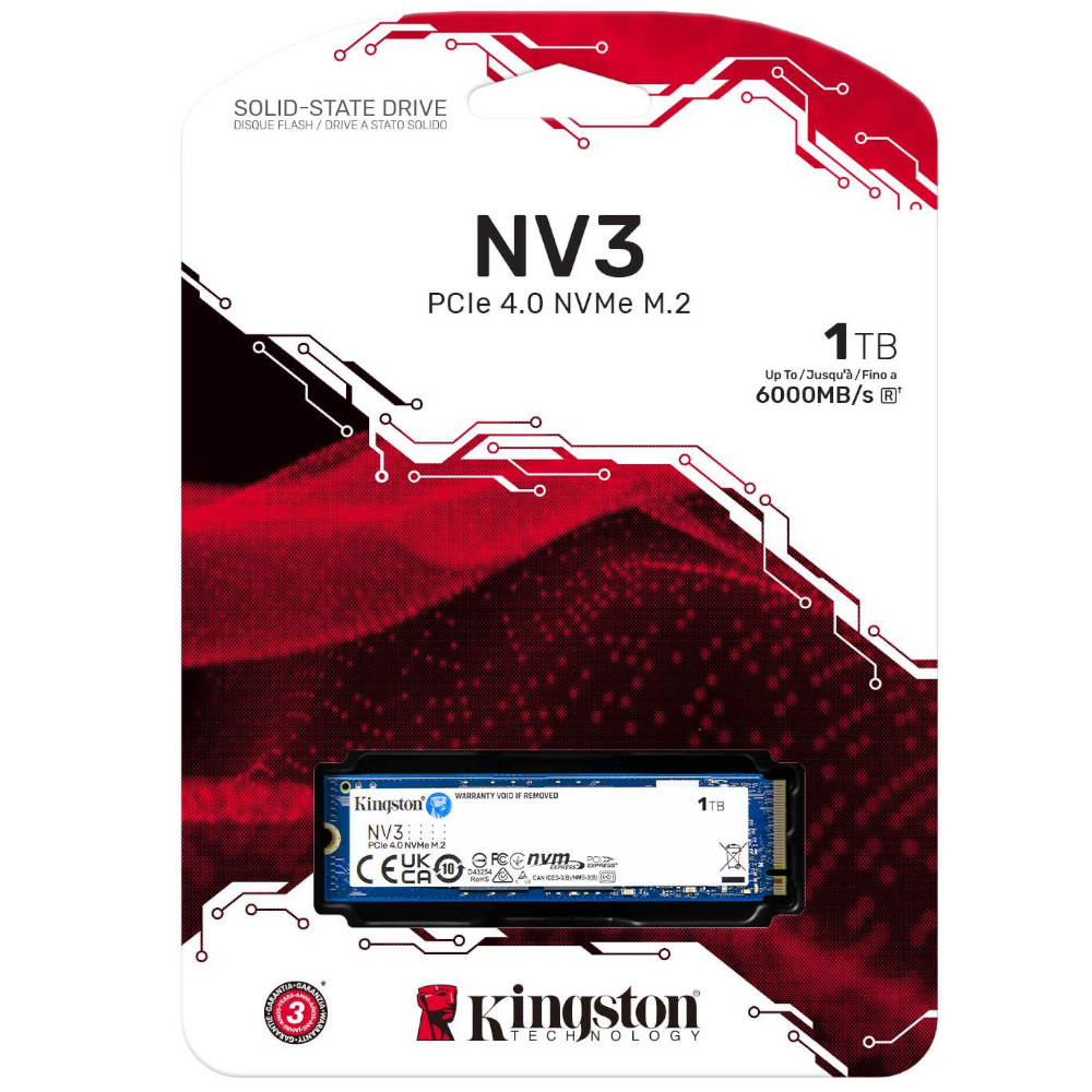 SNV3S/1000G Kingston NV3 1TB 4x4 NVMe SSD SNV3S/1000G Kingston NV3 M.2 2280 1TB PCIe 4.0 x4 NVMe Internal Solid State Drive (SSD) - Ultra High Speed Up to 6000 MB/s