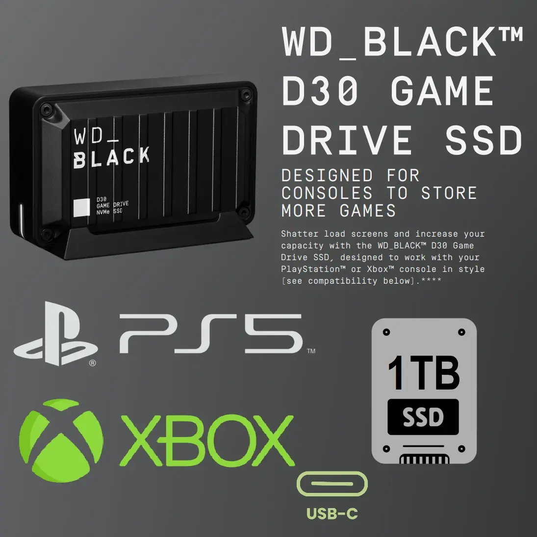 WDBATL0010BBK-WESN 1TB D30 Game Portable SSD Type-C 900MBs WD_BLACK  1TB D30 Game SSD - Portable External Solid State Drive