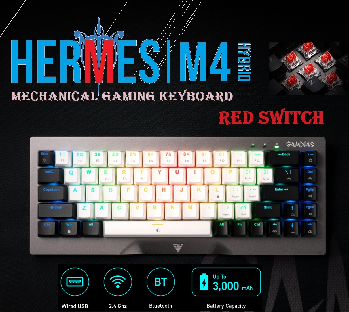 HERMES-M4-HYBRID HERMES HYBRID MECHANICAL GAMING KEYBOARD GAMDIAS HERMES M4 HYBRID 60% MECHANICAL GAMING KEYBOARD WITH RED SWITCH