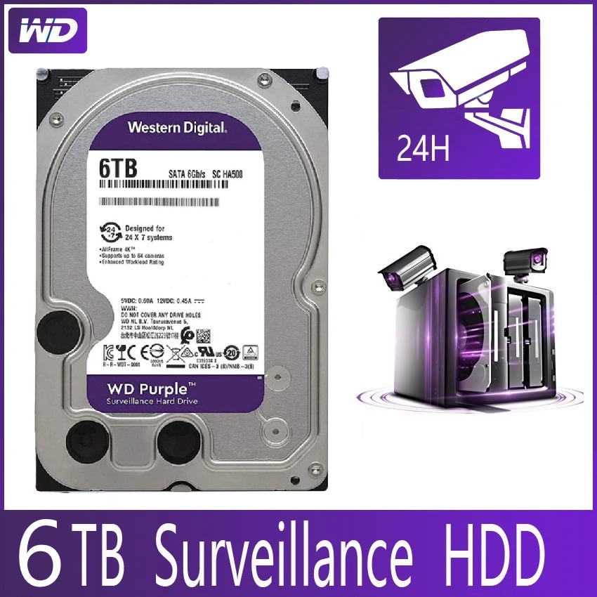 WD63PURZ-85B4VY0 Western Digital Purple 6TB HDD Surveillance Western Digital Purple 6TB Surveillance Hard Disk Drive - 5400 RPM Class SATA 6 Gb/s 256MB Cache  3.5 Inch - Designed for 24x7 Systems - Supports up to 64 HD CCTV Cameras