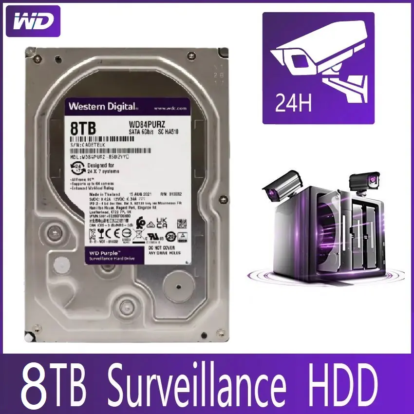 WD84PURZ-85B2YY0 Western Digital Purple 8TB HDD Surveillance Western Digital Purple 8TB Surveillance Hard Disk Drive - 5400 RPM Class SATA 6 Gb/s 256MB Cache  3.5 Inch - Designed for 24x7 Systems - Supports up to 64 HD CCTV Cameras