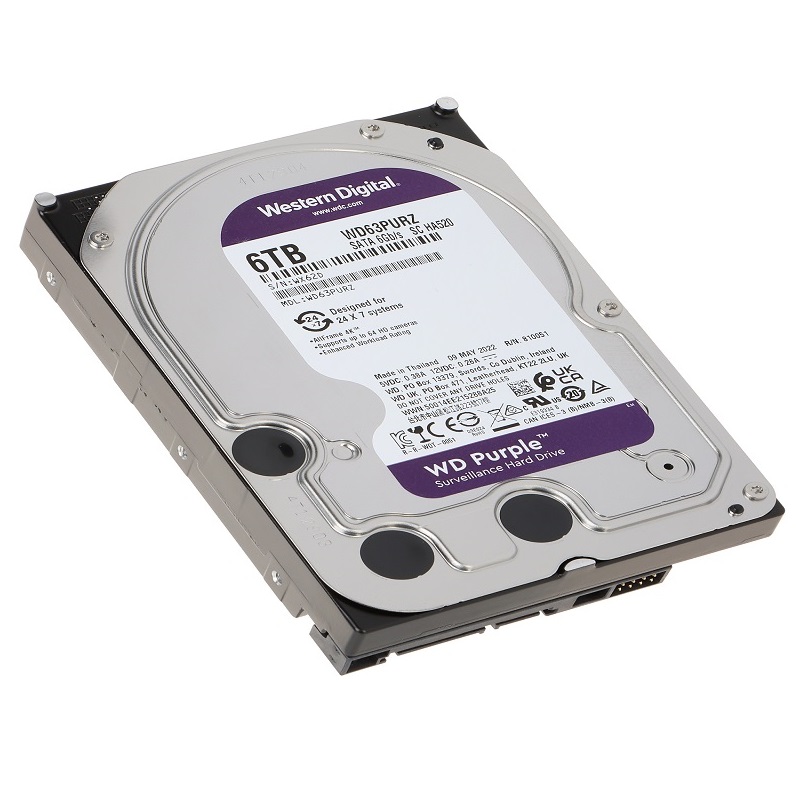 WD63PURZ-85B4VY0 Western Digital Purple 6TB HDD Surveillance Western Digital Purple 6TB Surveillance Hard Disk Drive - 5400 RPM Class SATA 6 Gb/s 256MB Cache  3.5 Inch - Designed for 24x7 Systems - Supports up to 64 HD CCTV Cameras