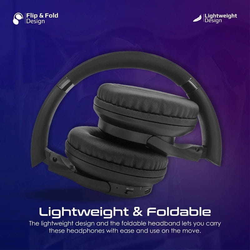 Promate High Fidelity Over-Ear Wireless Headphones ; HD SOUND QUALITY ; FLIP & FOLD DESIGN ; BOTH WIRELESS OR WIRED MODE ; LIGHTWEIGHT DESIGN .