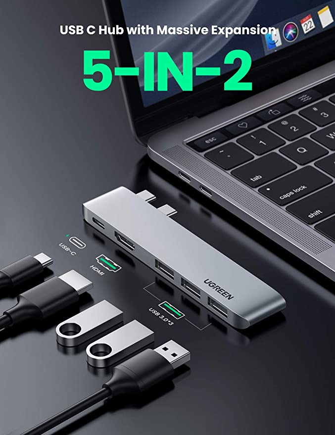 UGREEN MacBook Pro USB C Hub Adapter 5 IN 2 HDMI 4K Type C Port Thunderbolt 3 for Video