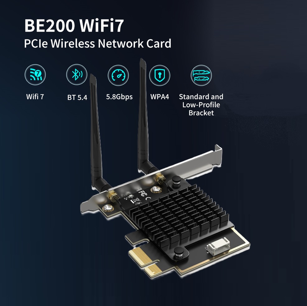 AXA1176 Wifi 7 BE200 PCIe Network Card w 2 Antennas Intel 230078 Wifi 7 BE200 NGW PCIe Wireless Network Card with 2 Antennas & Heatsink