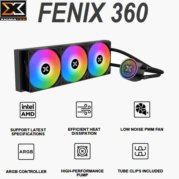 EN42997 FENIX 360 AIO ARGB Liquid Cooler 3 Fans XIGMATEK FENIX 360 AIO Liquid Cooler